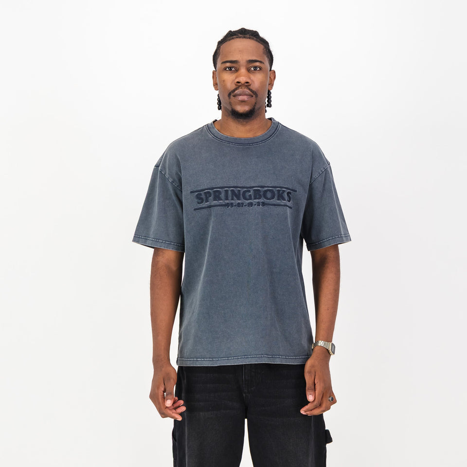 Springboks Four Wins Acid Wash Boxy Crew Tee-Navy